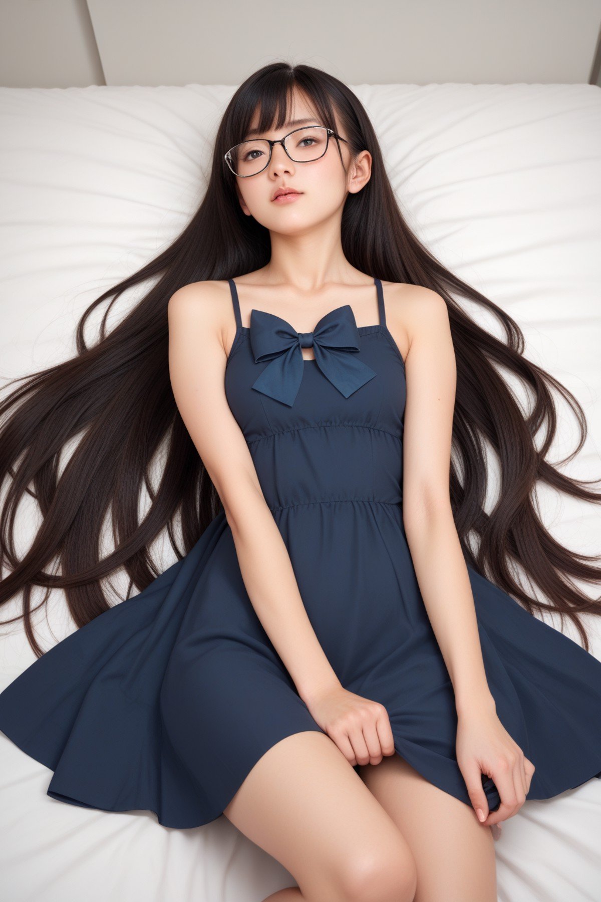 score_9, score_8_up, score_7_up,1girl,glasses,,dress bow,very long hair,lying