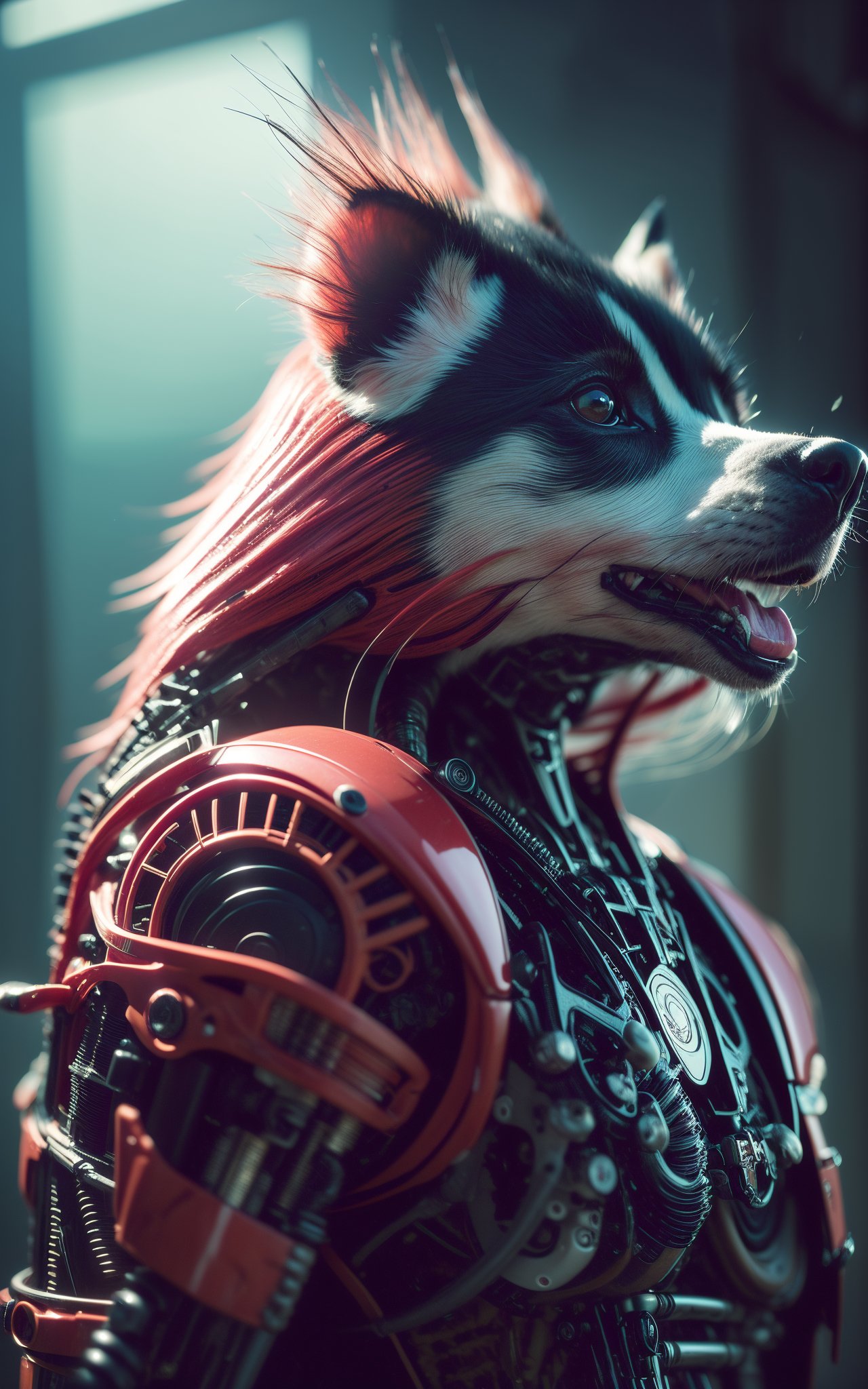 (masterpiece, top quality, best quality, official art, beautiful and aesthetic:1.2) ,cover art, (photo effect:1.5) , biomechanical style deep pink ([head of a Skunk:oranges:5]:1.1) , the Skunk is very Worn-Out and [Intense|Conscious], blend of organic and mechanical elements, futuristic, cybernetic, detailed, intricate