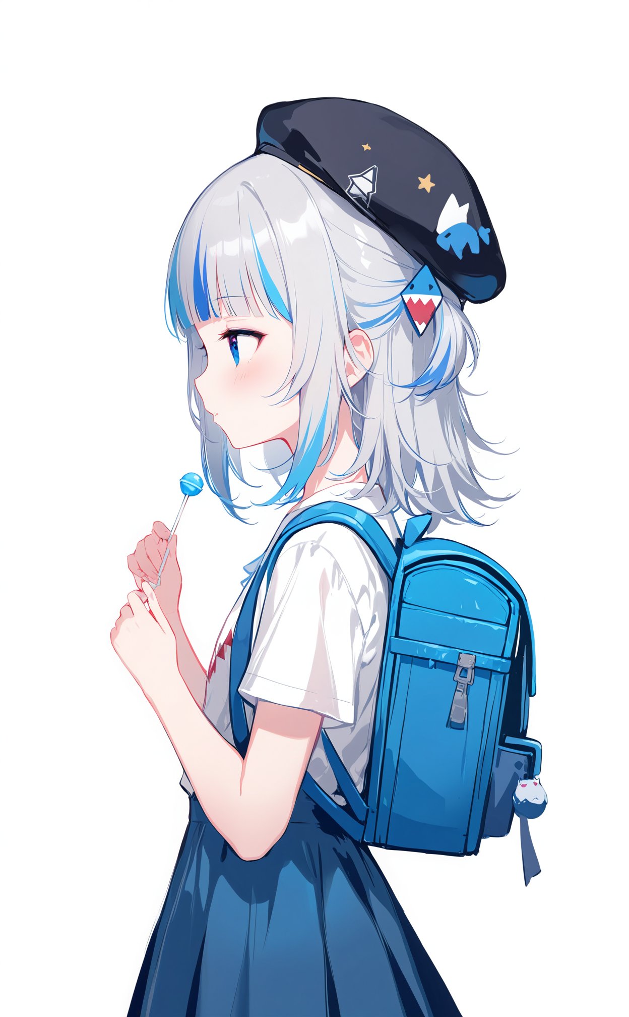 masterpiece),(best quality),illustration,ultra detailed,hdr,Depth of field,(colorful),Artist:ask (askzy),[Artist:sheya],[Artist:chen bin],[Artist:wlop],Artist:hiten_(hitenkei),1girl,gawr gura,backpack,solo,virtual youtuber,bag,multicolored hair,hat,white background,blue eyes,streaked hair,simple background,white shirt,blue hair,food,shirt,short sleeves,lollipop,beret,candy,holding,profile,black headwear,grey hair,white hair,upper body,holding food,medium hair,skirt,blush,hair ornament,