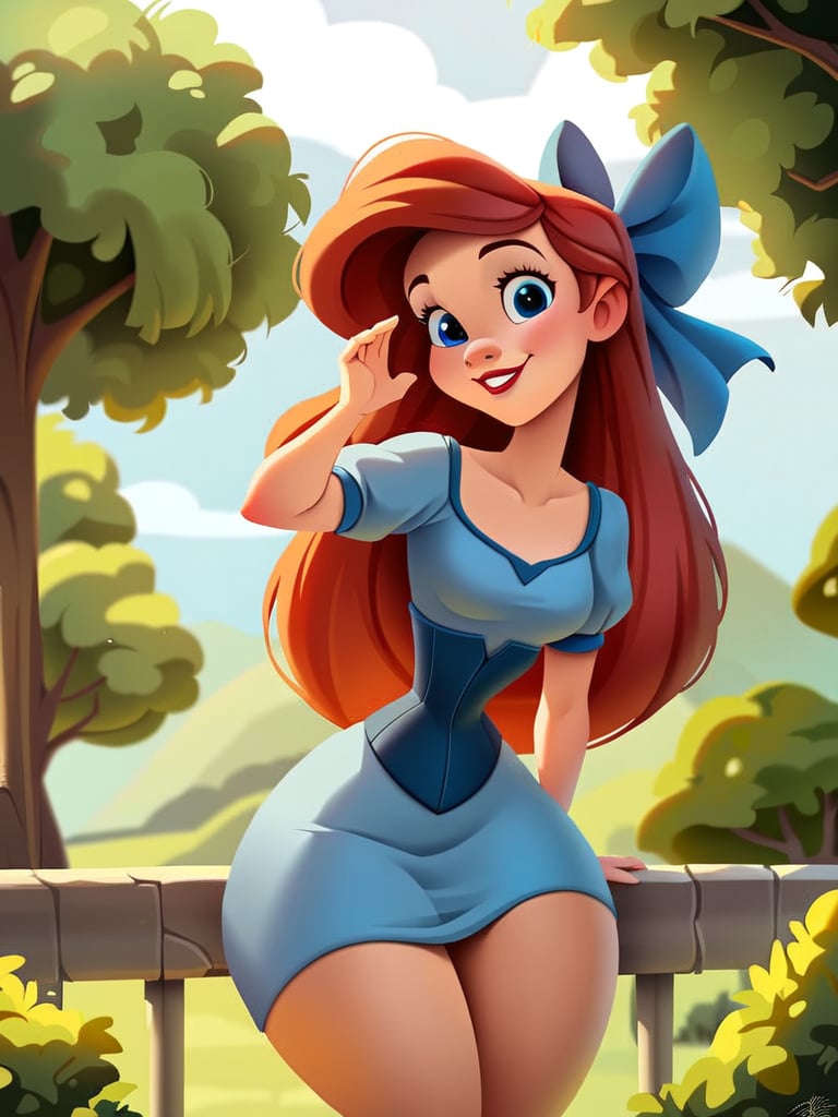 score_9, score_8_up, score_7_up, score_6_up, ArielWaifu walking in a castle, hills, vegetation, leaning forward, cute pose, medium breasts, narrow waist, wide hips, thick thighs, smile, blue eyes, blue dress, hair ribbon, corset, red long hair, disney style, looking at viewer, cute, detailed landscape, cowboy shot, cartoon, 4k, masterpiece,  <lora:ArielPonyXL_character-08:0.7>   <lora:SamaritanEsdxl:0.65>