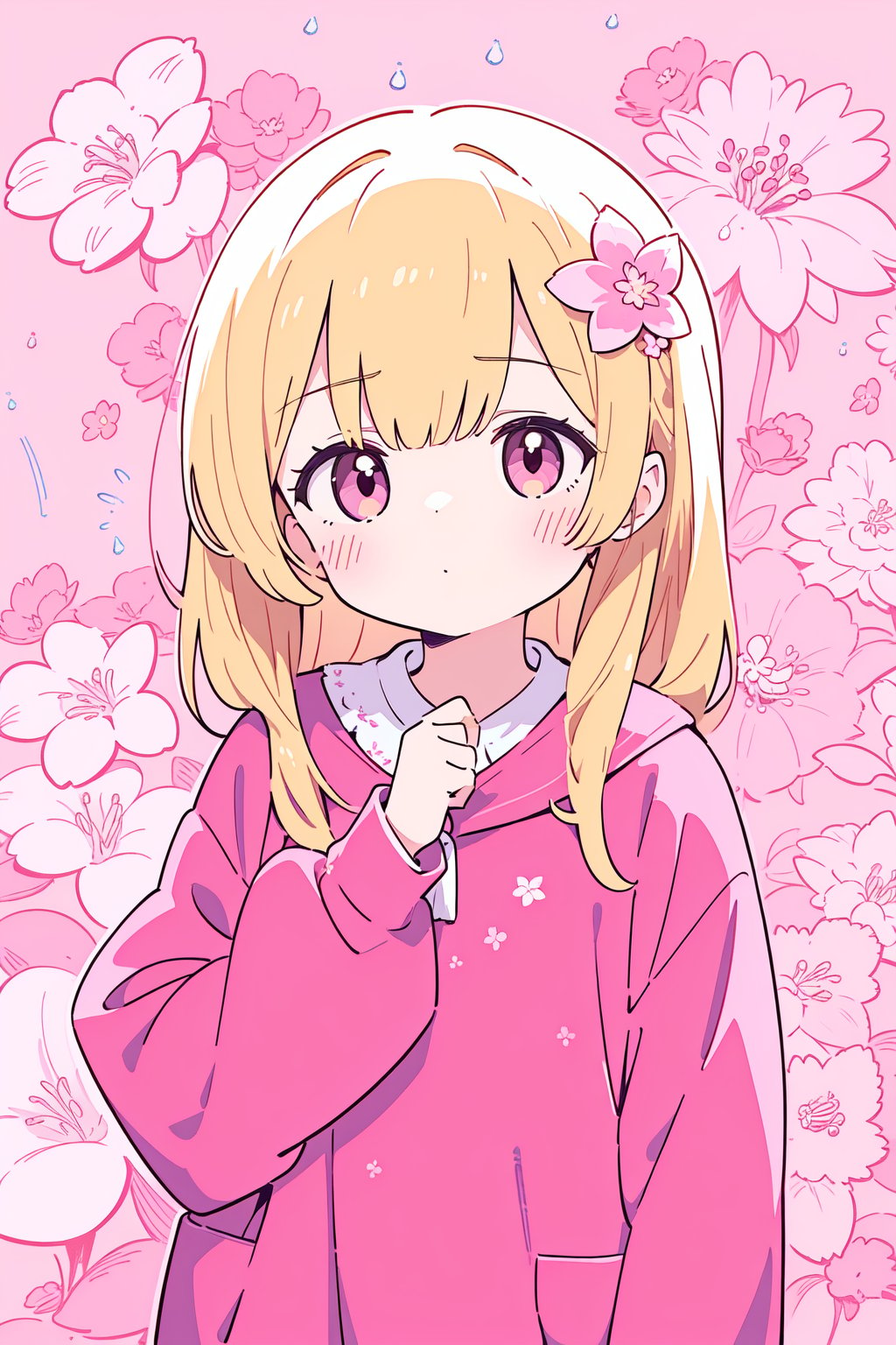 1girl, blonde_hair, cherry_blossoms, floral_background, flower, flying_sweatdrops, hydrangea, jewelry, lotus, minigirl, pink_flower, ring, solo,