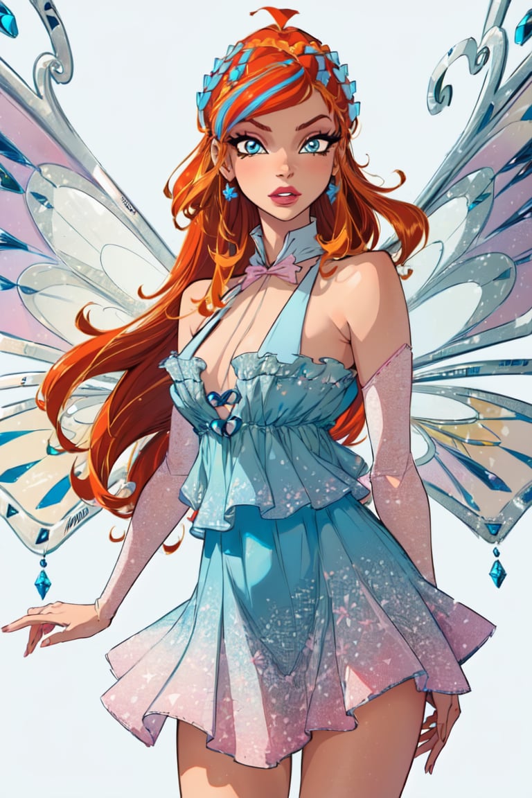 (Bloom:1.5), (blue gradient dress:1.2), fairy wings, orange hair, blue eyes, sparkling outfit, (solid white background, white background:1.5), (realistic:1.2), (masterpiece:1.2), (full-body-shot:1),(Cowboy-shot:1.2), neon lighting, dark romantic lighting, (highly detailed:1.2),(detailed face:1.2), (gradients), colorful, detailed eyes,, (natural lighting:1.2), solo  <lora:WinxClubEnchantixBloom-10:0.9> <lora:add_detail:0.3> <lora:BeautifulEyes:0.6> 