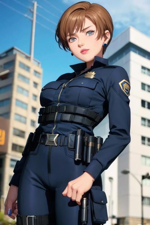 1girl, sxtopaz, short hair, brown hair, blue eyes, earrings, lipstick, police uniform, portait <lora:topaz-military-v1:0.65>