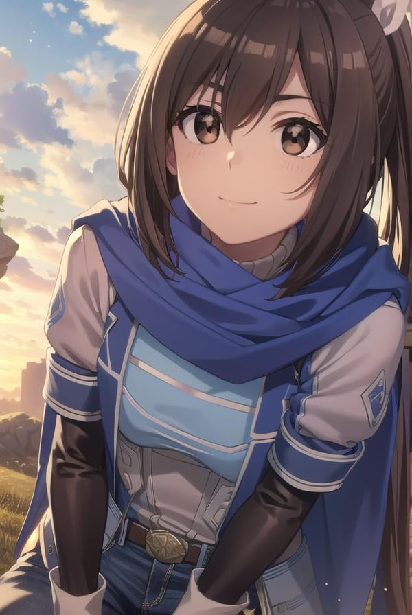 bofurisally, <lora:bofuri sally s2-lora-nochekaiser:1>, sally, long hair, brown hair, (brown eyes:1.5), ribbon, hair ribbon, ponytail, smile,BREAK gloves, shorts, scarf, blue scarf, shirt, white shirt, puffy sleeves, long sleeves, belt, denim shorts,BREAK outdoors, nature, forest, sun, sky, clouds, trees, grass,BREAK looking at viewer,BREAK <lyco:GoodHands-beta2:1>, (masterpiece:1.2), best quality, high resolution, unity 8k wallpaper, (illustration:0.8), (beautiful detailed eyes:1.6), extremely detailed face, perfect lighting, extremely detailed CG, (perfect hands, perfect anatomy),