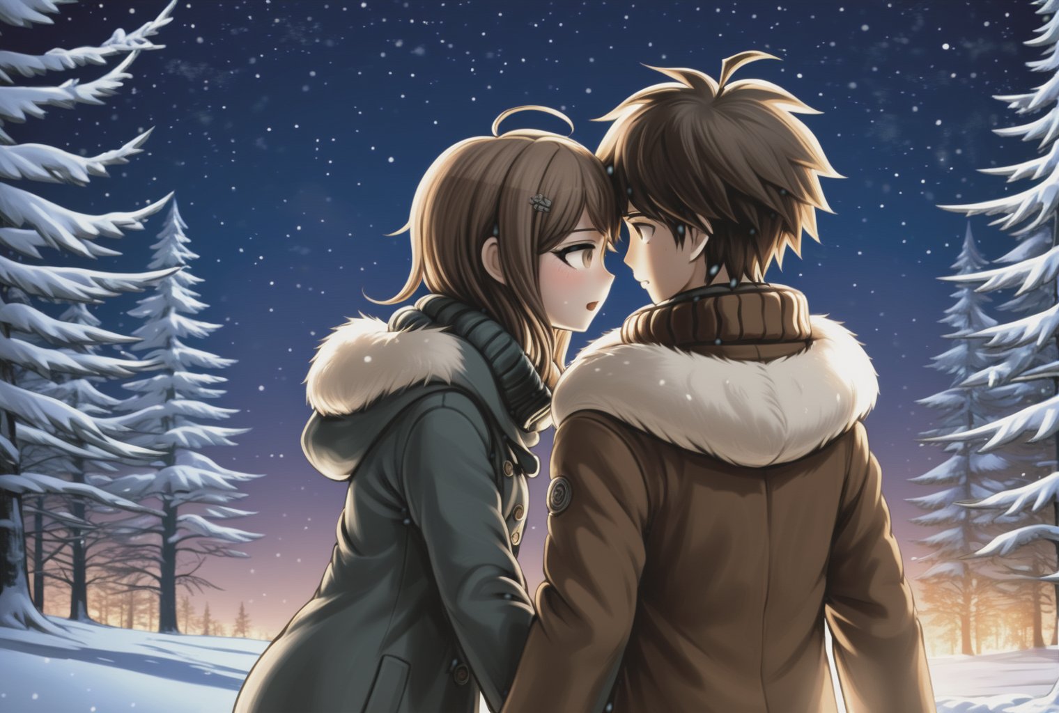 a couple looking at each other, tender embrace, romantic scenery, moonlit night, silhouette figures, soft illumination, close connection, loving gestures, dreamlike ambiance, cozy atmosphere, warm clothing, winter wonderland, snowy background, handholding, fur coat, cuddle position, content expressions, danganronpa style, thick lines, full-body portrait, detailed eyes, close-up, <lora:danganronpa_style:0.8>