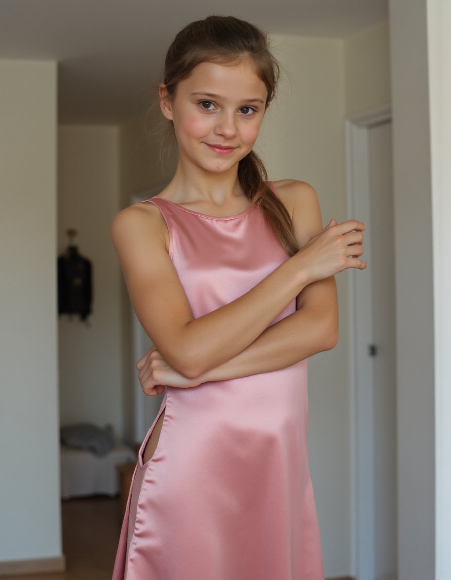 girl,  wearing Satin dress with a slit by Peli86 on Tensor.Art