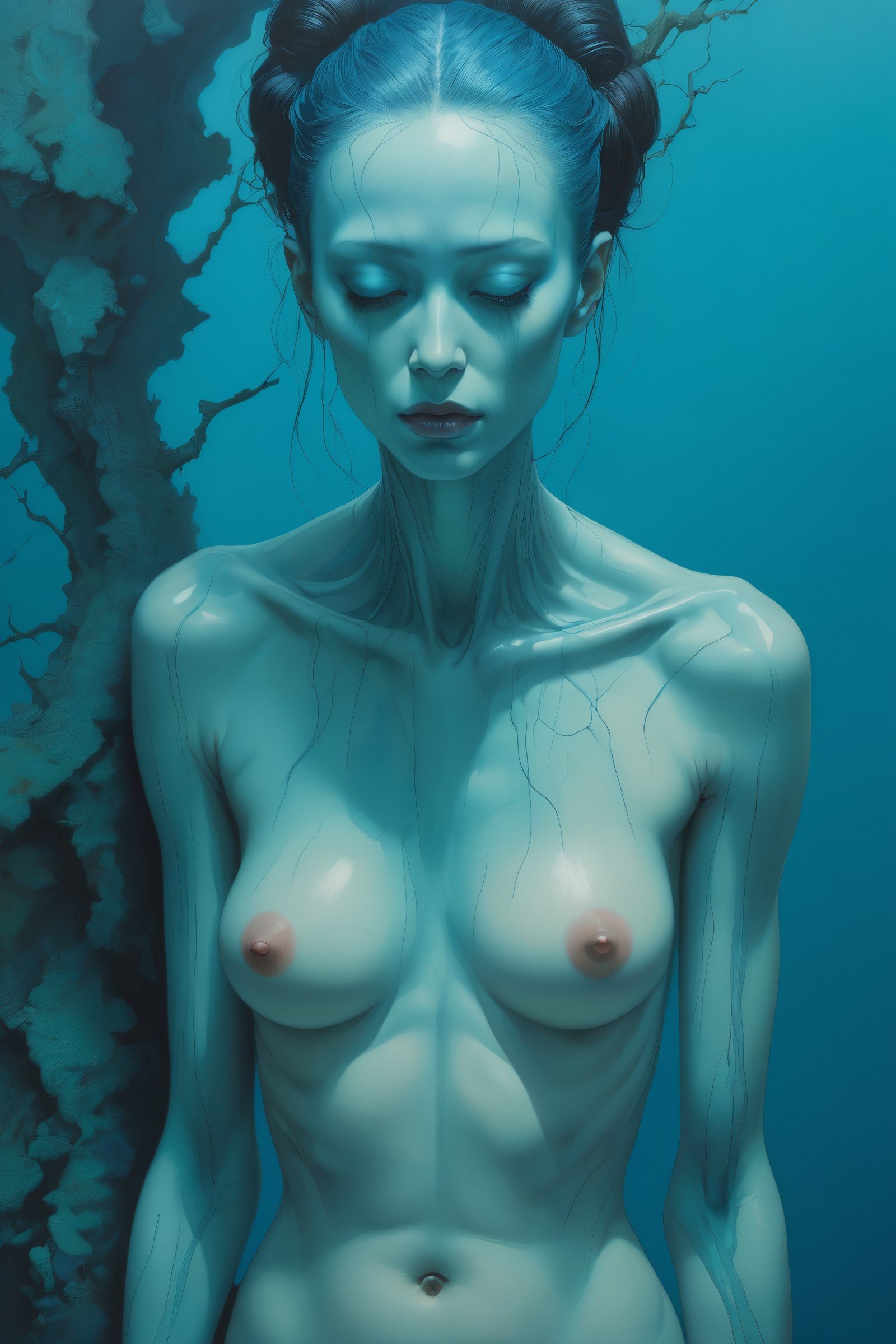 enigma, by zdzisław beksinski, by francis bacon, by takato yamamoto, by georgia o keeffe, by maciej kuciara, moisture, high detail, grain, blue and cyan color scheme, soft lighting