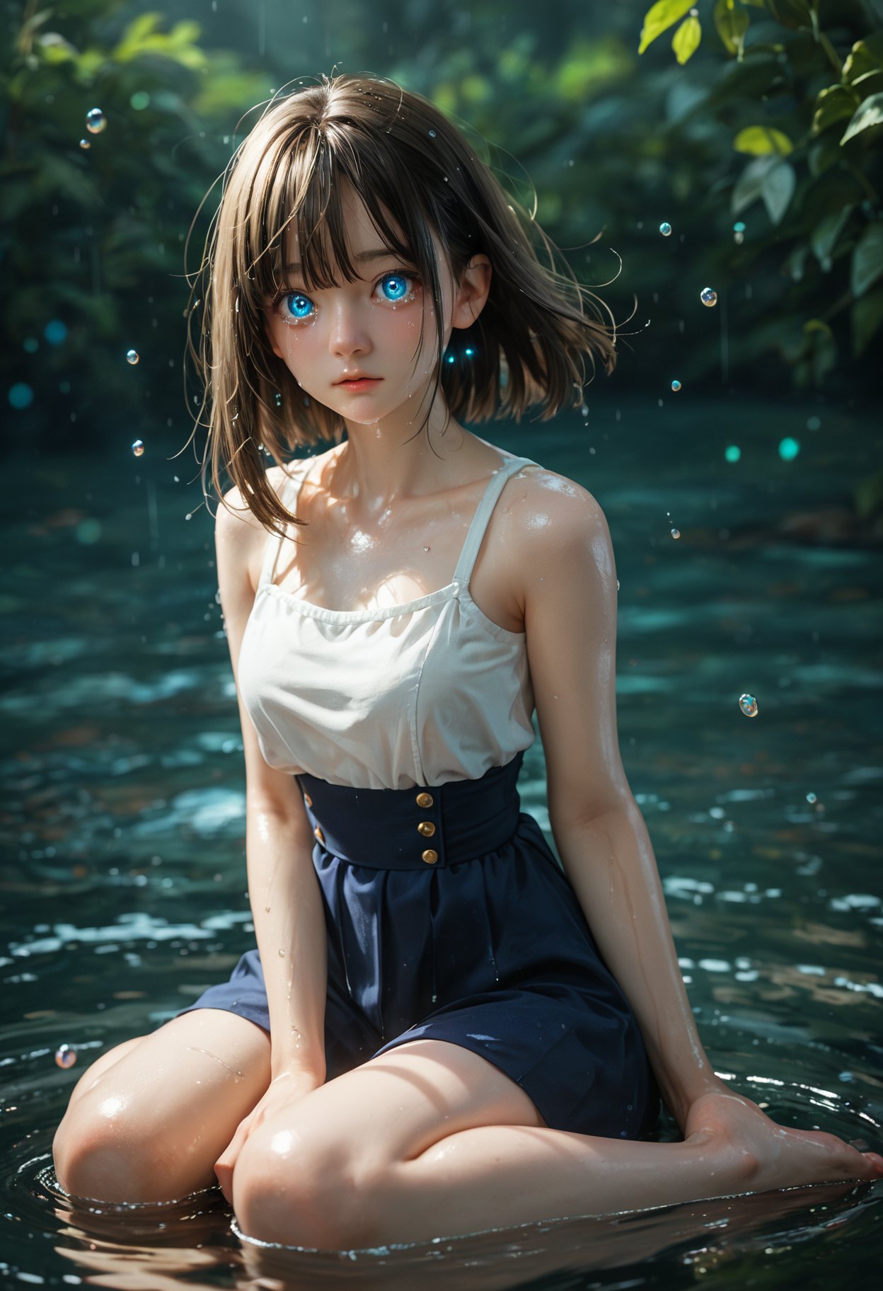 score_9,score_8_up,score_7_up,masterpiece,best quality,8k,dramatic lighting,cold colors,ray tracing,cinematic lighting,shiny_skin,fair_skin,white_skin,1girl,grey_medium_hair,asymmetrical_bangs,cute_face,(thin_waist,thin:1.2),full body,girl sitting on the ground,crying,tears,ambient air weightlessness,(countless drops of water floating in the air:1.3),the ground is full of water,(huge drops of water:1.3),(water drops in the air:1.3),eyes emit bright light,glowing_eye,(fluctuations in air:1.3),(glowing drops of water:1.3),heavy rain,