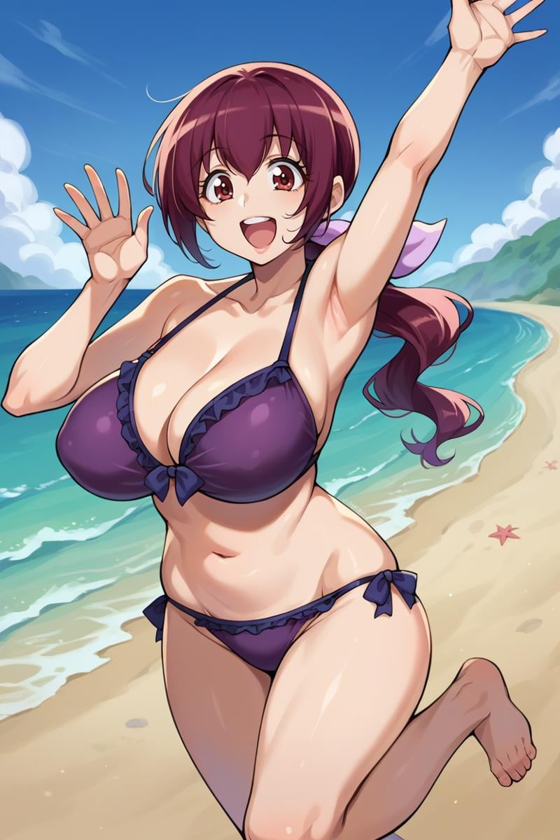 score_9, score_8_up, score_7_up, score_6_up, source_anime, BREAK 1girl, solo,  <lora:pcikuyo-pdxl-nvwls-v1-000006:1> pcikuyo, ponytail, hair bow, mature female, purple bikini, big breasts, excited, happy, open mouth, arm up, waving, barefoot, beach, ocean, blue sky