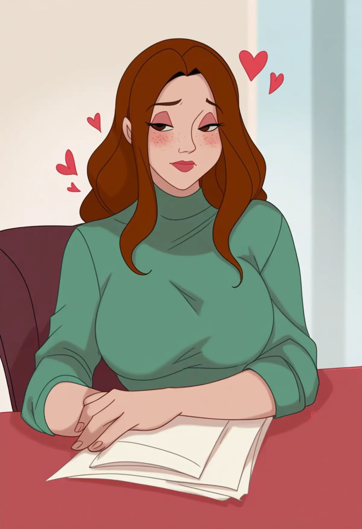 score_9, score_8_up, score_7_up,  1girl, solo, expressive, hearts, dynamic, brown hair, brown eyes, pale skin girl, pale skin, freckles, green turtleneck, cozy, blush, in_office, looking_longingly, seductive, sexy_woman, cuddling giant dick <lora:t00nstylev1PonySDXL:1> t00nstyl3