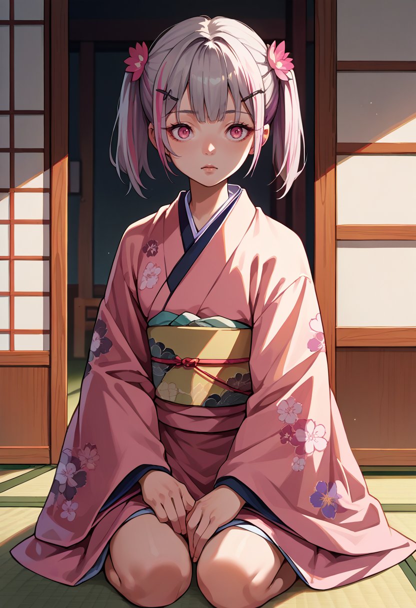 score_9, score_8_up, source_anime, 1girl, solo, AsumiSena, pink eyes, multicolored hair, grey hair, pink hair, short hair, twintails, hairclip, indoors, kimono, hair flower, floral print, wariza, kneeling, <lora:ChamAsumiSenaPonyXL:1>