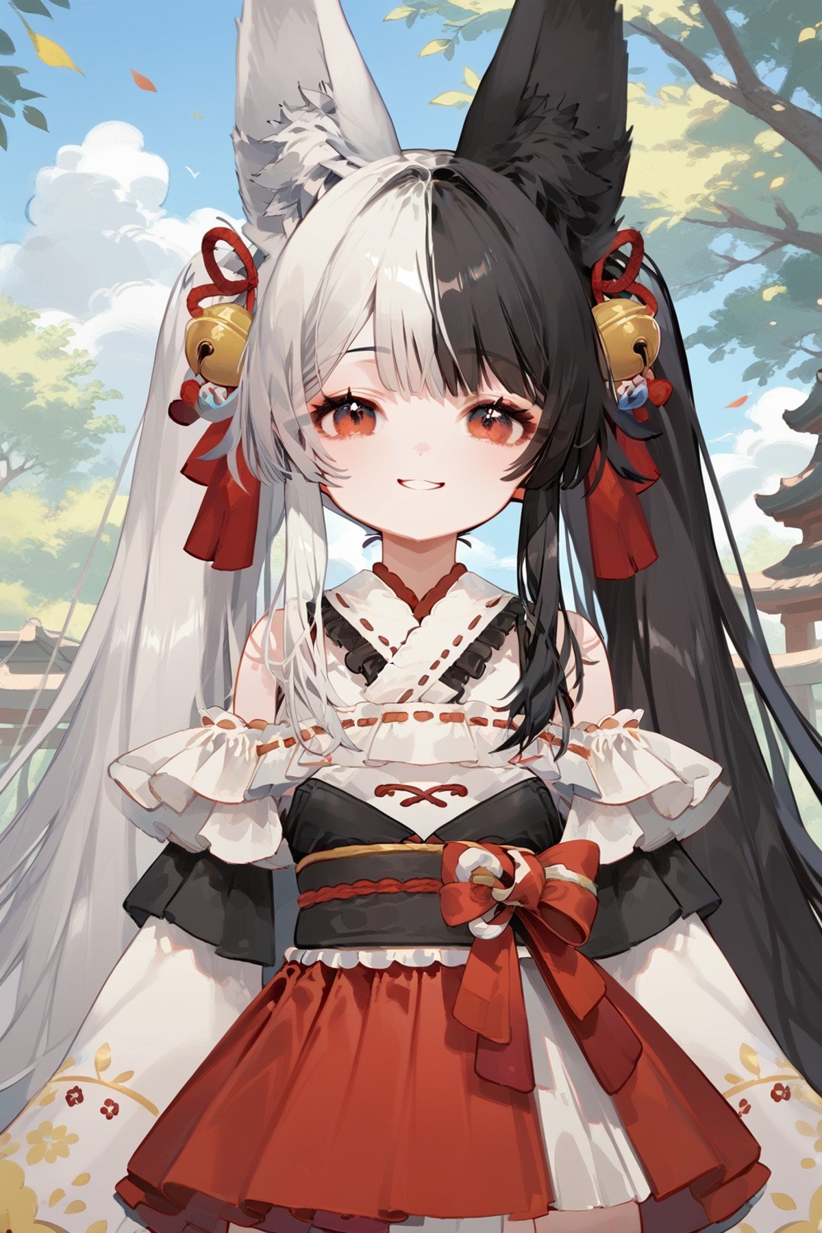 (score_9,score_8_up,score_7_up,),mana,<lora:mana-000025:0.9>,animal ears,red eyes,long hair,black hair,white hair,two-tone hair,thighhighs,red skirt,kimono,hair ornament,upper body,v,smile,