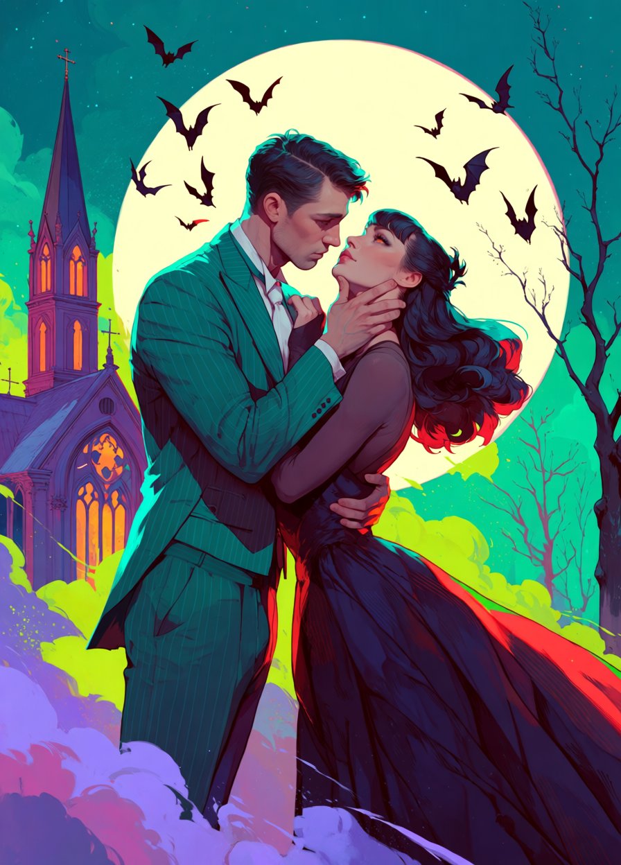 image of a romantic,  Gothic-style scene at night. A phantom of the opera dark-haired man in a green pinstripe suit and a...