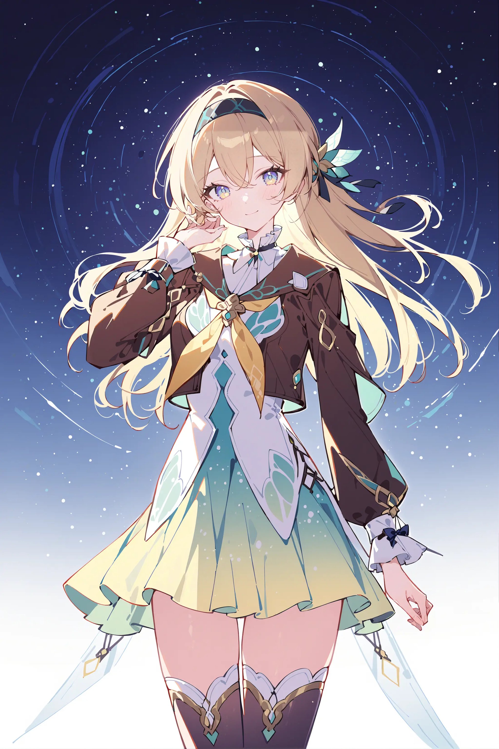 masterpiece, best quality, very aesthetic, ray tracing, newest,(hitenkei, askzy:0.5), 1girl, firefly \(honkai: star rail\), solo, black thighhighs, hairband, gradient skirt, hair ornament, blouse, long sleeves, frilled collar, cropped jacket, yellow neckerchief, cowboy shot, looking at viewer, floating, floating hair,  depth of field, space, nebula, starry sky, light smile, hand in own hair <lora:Char-HonkaiSR-Firefly-XL-V2:0.9>