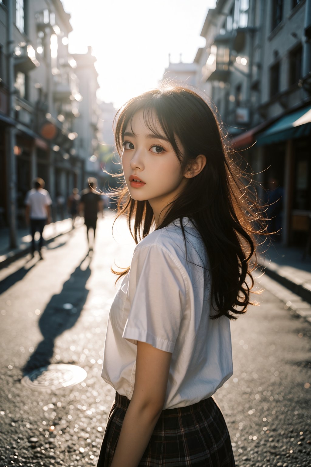 Asia girl,  Chinese girl,  an East Asian woman looking back on a city street by 天海TianHai on Tensor.Art