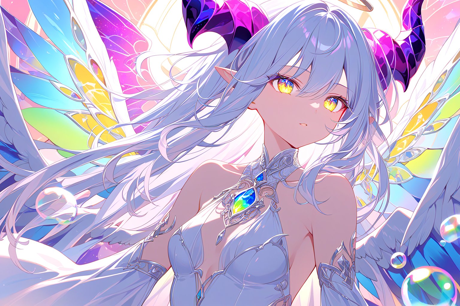 1girl,solo, portrait, upper body, close-up, eye focus,bubbles around, (lots of big colorful Bubbles:1.33), rainbow colors, colorful,iridescent long hair, iridescent horns, pointy ears,angel wings, glowing wings, alternative wings,small breasts, shapely breasts,(beautiful detailed eyes:1.1), symmetrical eyes, clean facial features, good posture,succubus, succubus demon, succubus body, demon girl, demon horns,halter dress, detailed white dress with decorations, detailed detached sleeves, jewelry, gem, crystal,beautiful art, ultra-detailed, (8k:1.1), (HDR:1.1), (sharp focus:1.1), (intricate:1.1),(beautiful and aesthetic:1.2), (very detailed background:1.1), (highly detailed background:1.1),symmetrical, octane render, 35mm, bokeh, 9:16,(intricate details:1.15), (hyperdetailed:1.15), (soft light:1.2), (sharp:1.2), detailed,(backlighting:1.1), (detailed light:1.1), detailed background, extremely detailed, highest detailed,Iridescence, depth of field, flat color, vector art, negative space, fantasy, high contrast, cinematic angle, cinematic lighting,newest, recent, masterpiece, best quality, normal quality