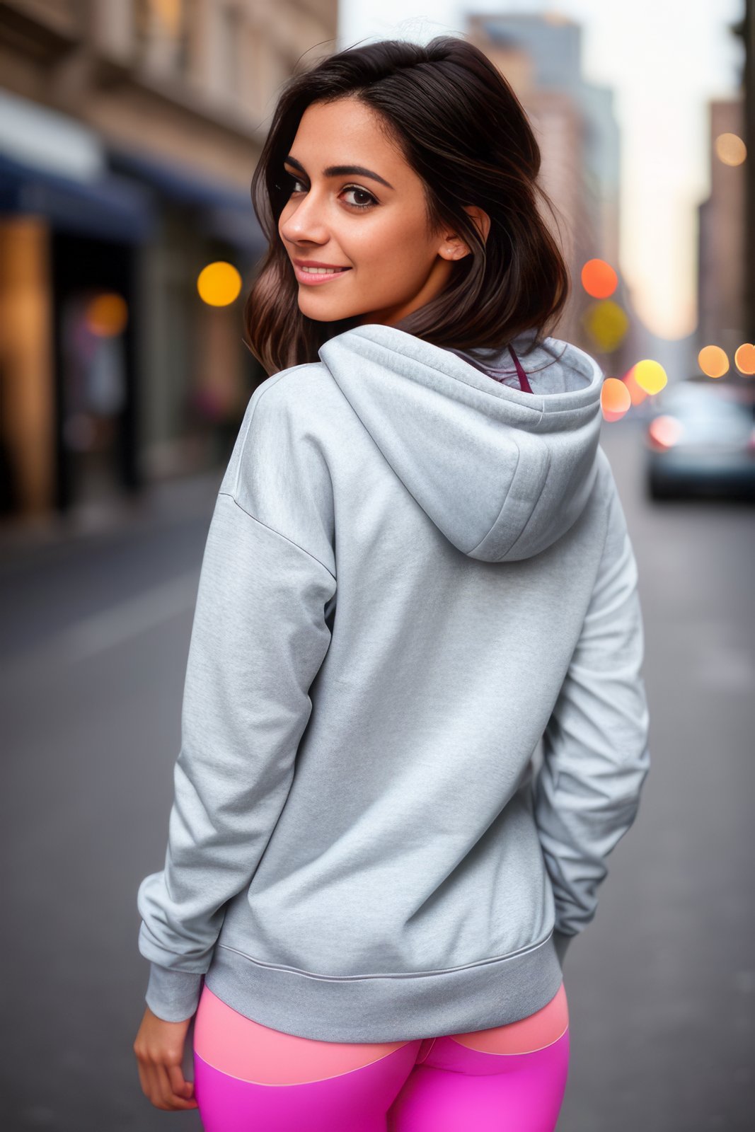 photo of a beautiful girl wearing casual shirt with a hoodie and leggings, city street, messy medium hair, slim body, view from back, medium upper body shot, looking at the camera, cute smile, shallow depth of field, 8k uhd, dslr, soft lighting, high quality, photorealistic, realism, hyperrealism, art photography