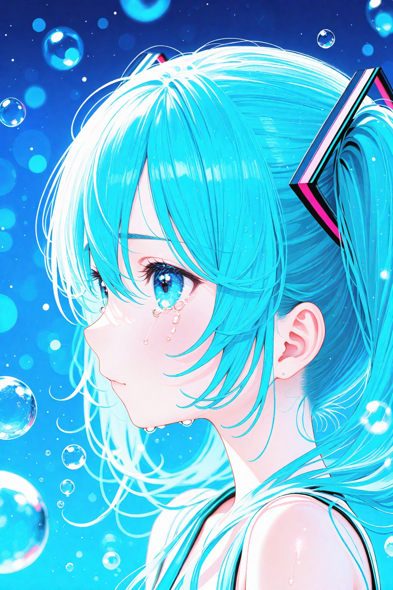 (masterpiece),(best quality),illustration,ultra detailed,hdr,Depth of field,(colorful),nai3 Style,1girl,solo,hatsune miku,long hair,twintails,tears,from side,profile,crying,bare shoulders,aqua eyes,bubble,portrait,blue hair,hair ornament,crying with eyes open,blurry,blue eyes,aqua hair,hair between eyes,water drop,closed mouth,sleeveless,upper body,