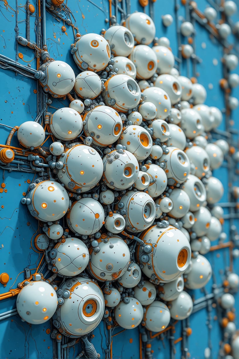 YFG-Ge0m a close up of a blue surface with a bunch of white objects,  which appear to be a wall sculpture made of ceramic....