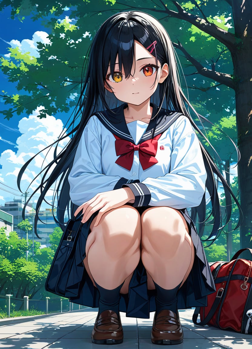 score_9, score_8_up, score_7_up ,source_anime masterpiece, best quality, perfect anatomy , very aesthetic , official art,BRAKE1girl, bag, black hair, black sailor collar, black skirt, black socks, blue sky, bow, bowtie, cloud, cloudy sky, collared shirt, day, hair between eyes, hair ornament, hairclip, long hair, long sleeves, looking at viewer, neck ribbon, outdoors, parted bangs, pleated skirt, red bow, red bowtie, red eyes, ribbon, sailor collar, school uniform, serafuku, shirt, sidelocks, skirt, sky, socks, solo, squatting, tree, very long hair, white shirt, yellow eyes