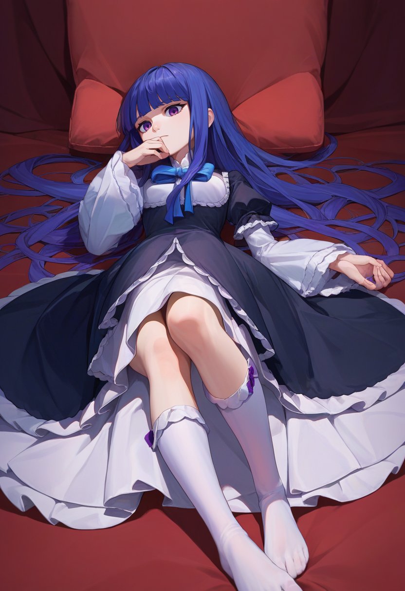 score_9, score_8_up, score_7_up, source_anime, 1girl, solo,   frederica bernkastel, long hair, blue hair, purple eyes, black dress, frills, white socks, feet, on back,    <lora:BernCAMENoiise-000011:1>