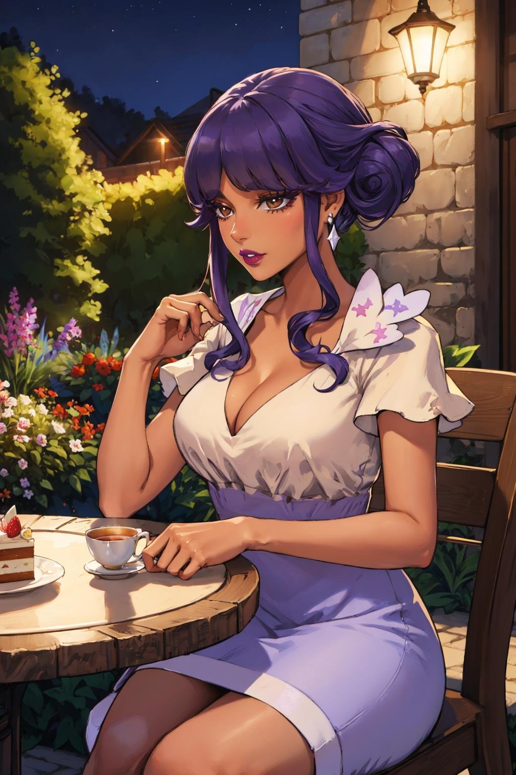 masterpiece, best quality,  <lora:tulip-nvwls-v1-000009:0.9> pkmnlip, brown eyes, dark skin, lipstick, earring, purple dress, short sleeves, cleavage, sitting, chair, garden, night, tea, table, cake