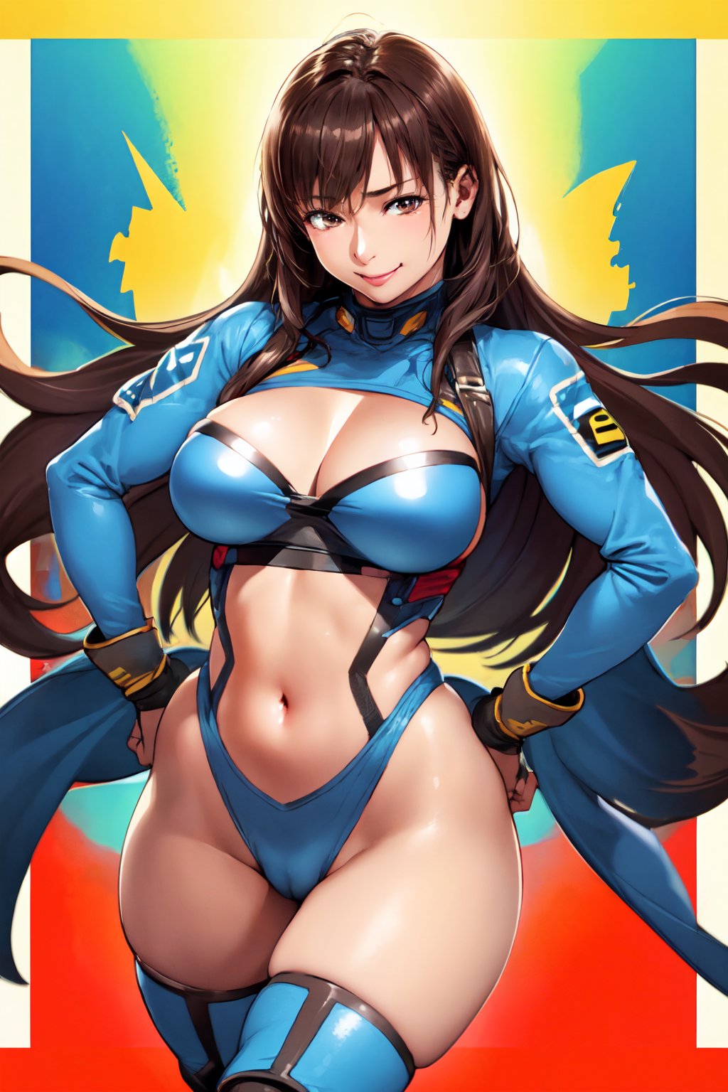 (best quality:1.2), 1girl, solo, large breasts, wide hips, smile, brown hair, hands on hips, wide hips, thick thighs, navel, race queen, full shot,<lora:kishizukakenji-07:0.9>