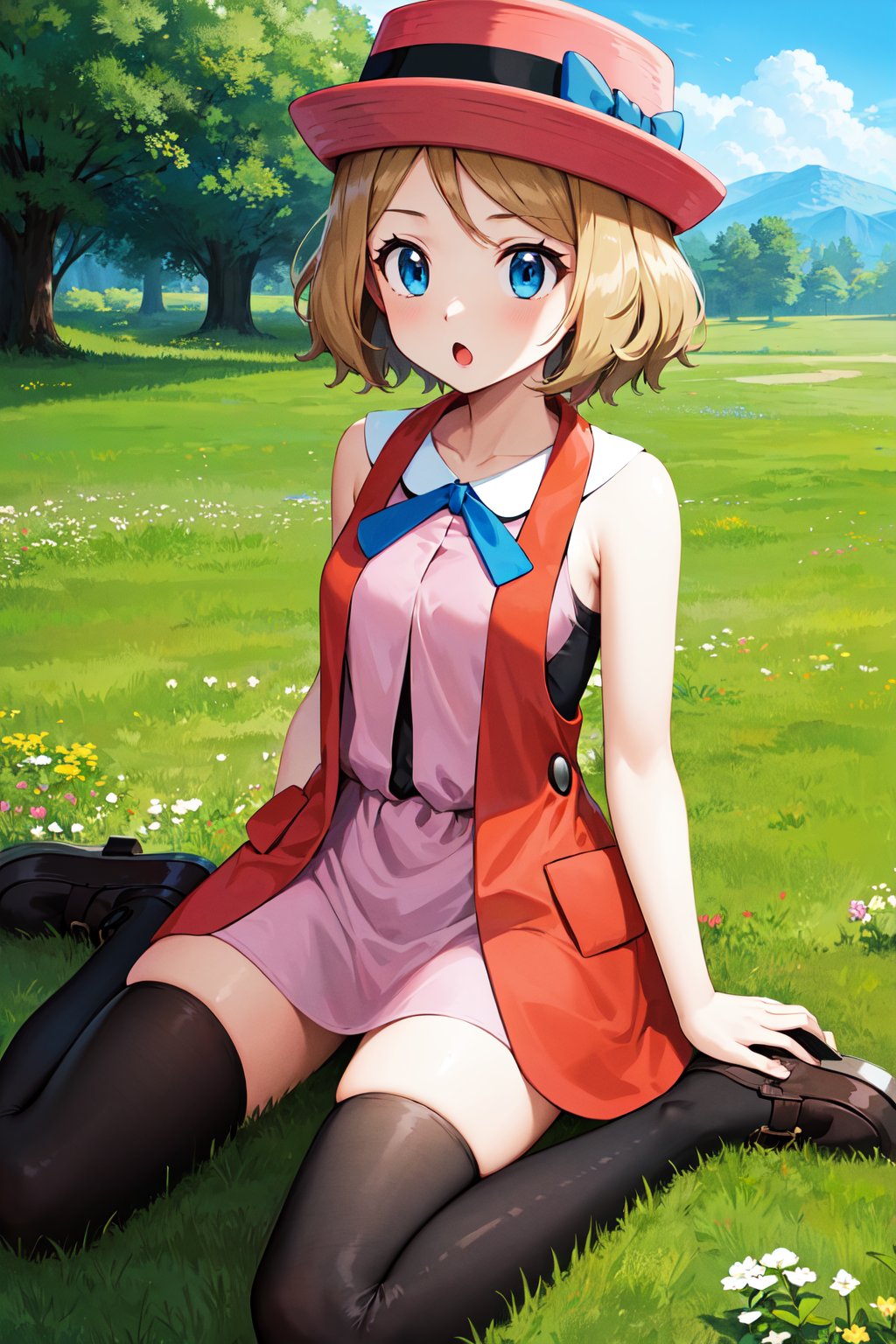 masterpiece, best quality, highres, bbserena, solo, short hair, pink headwear, eyelashes, blue eyes, neck ribbon, blue ribbon, (pink dress:1.2), sleeveless, bare arms, black thighhighs, <lora:serena_(pokemon)_v2:0.7>, :o, wariza, field,