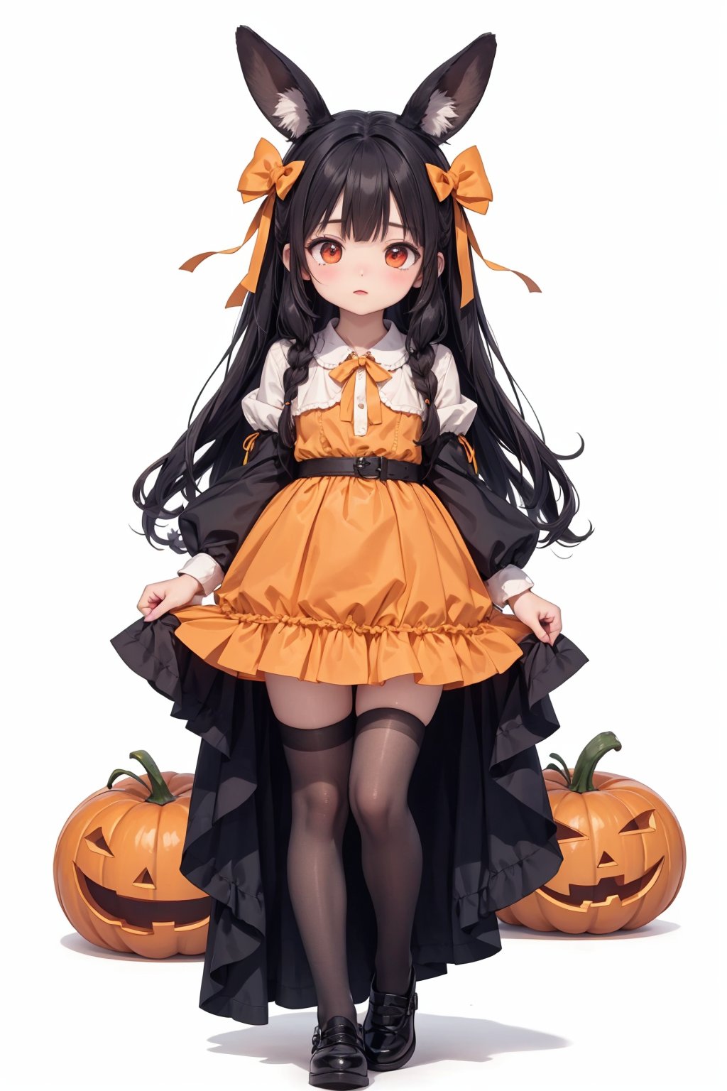 1girl,orange_bow,orange_dress,long_hair,solo,very_long_hair,halloween,orange_ribbon,animal_ears,bow,dress,orange_footwear,red_eyes,rabbit_ears,long_sleeves,full_body,shoes,white_legwear,jack-o'-lantern,white_background,looking_at_viewer,hair_bow,standing,brown_footwear,closed_mouth,