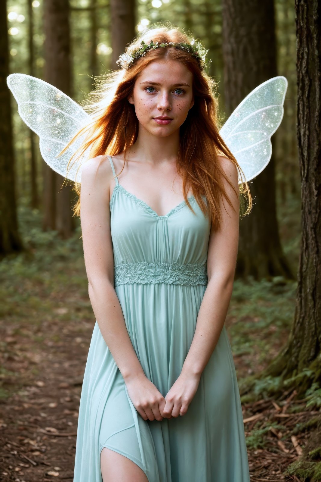 realistic lighting, photo, photorealistic very aesthetic, best quality, absurdres, (rating_safe), detailed face and eyes, fairy with wings, ginger hair, messy hair, dress, fireflies, forest, green eyes, (freckles:0.8)