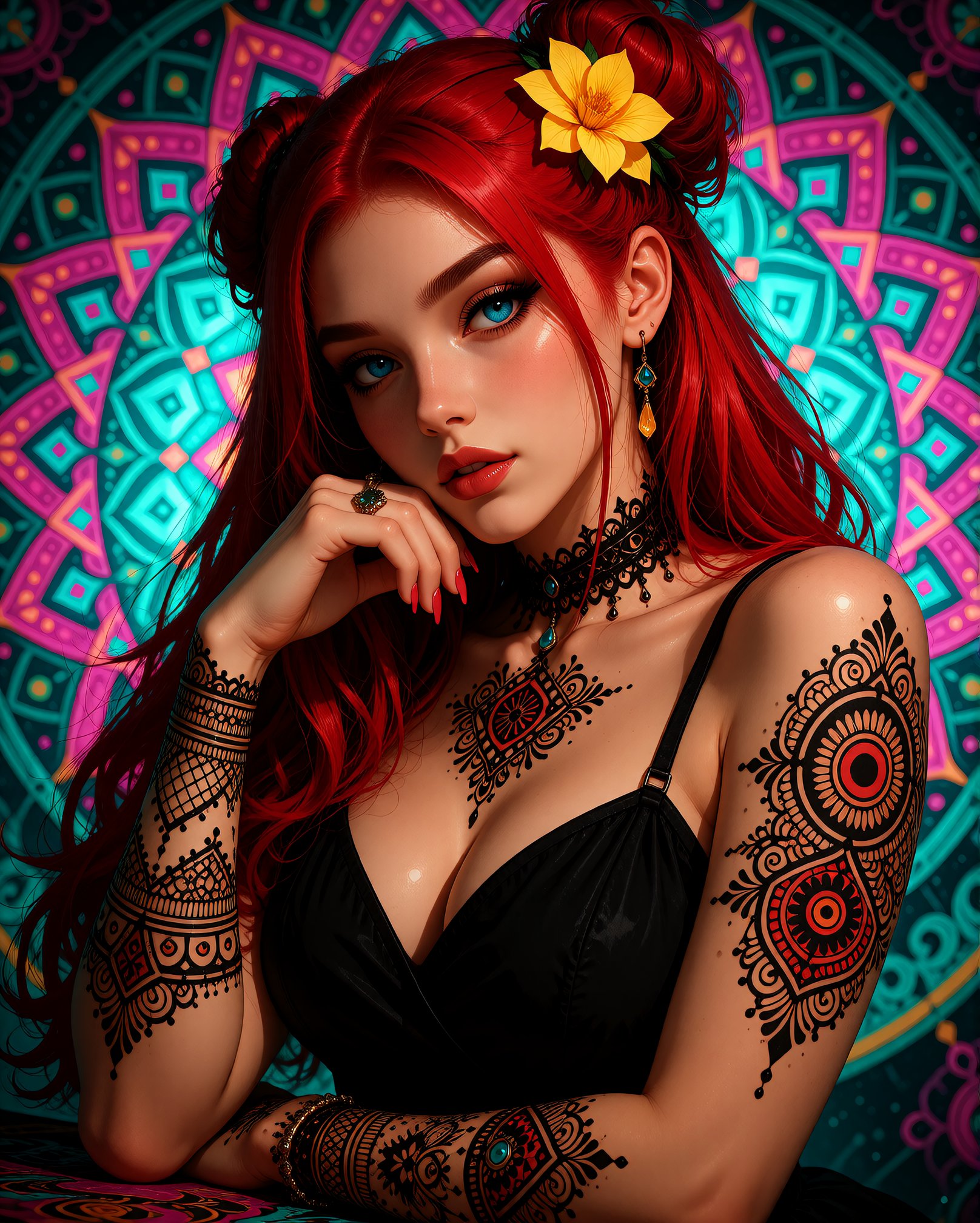 A beautiful adult woman with long,  vibrant red hair styled in two buns,  adorned with a yellow flower in her hair. she ha...