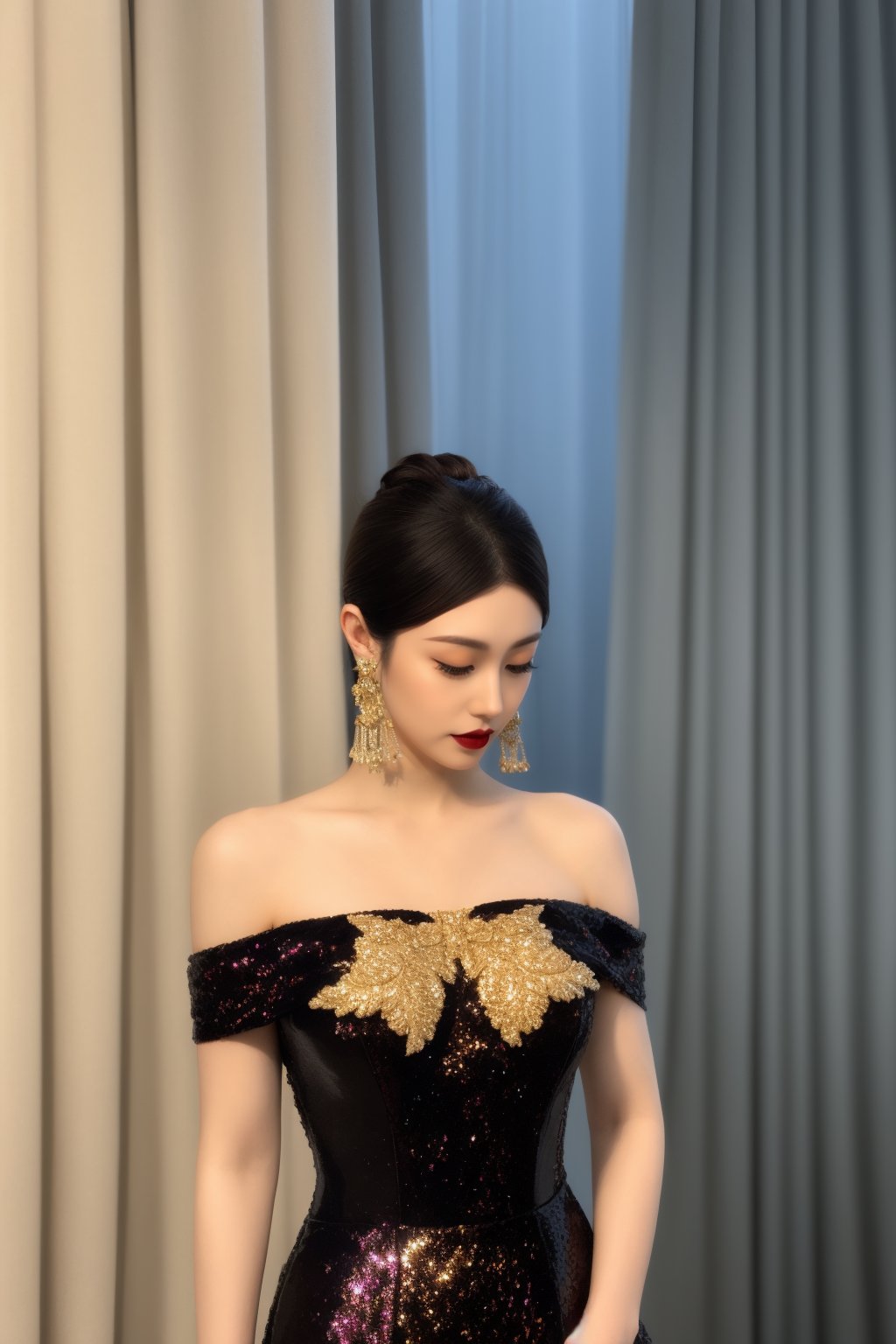 Asian woman, elegant, off-the-shoulder dress, sequined, black with gold accents, formal attire, indoor setting, curtain background, soft lighting, neutral makeup, red lipstick, hair updo with accessory, long earrings, poised expression, looking down, blurred background, portrait, vertical composition, high-quality image, soft focus, photography, fashion., masterpiece,best quality,ultra-detailed,