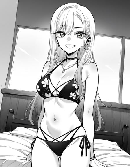 score_9, score_8_up, score_7_up, source_anime,marinkitagawa, <lora:marin-kitagawa-manga-ponyxl-lora-nochekaiser:1>,marin kitagawa, long hair, bangs, monochrome, greyscale,navel, cleavage, jewelry, swimsuit, bikini, earrings, choker, necklace, black bikini, side-tie bikini bottom, halterneck, black choker, piercing, floral print, ear piercing, string bikini, print bikini, multi-strapped bikini, barbell piercing, industrial piercing,indoors, bed, bed room, smile,looking at viewer, cowboy shot, dutch angle, solo,