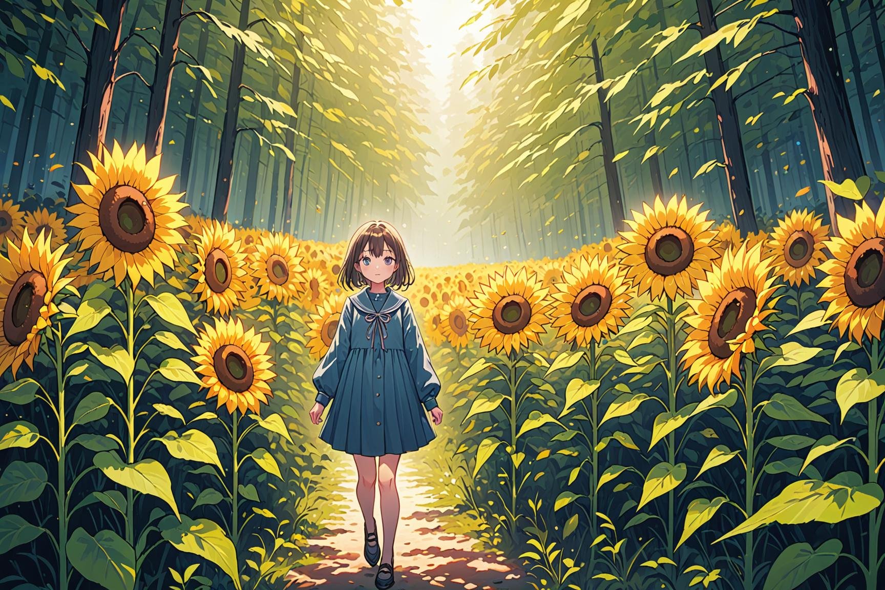 ultra-detailed,(best quality),((masterpiece)),(highres),original,extremely detailed 8K wallpaper,(an extremely delicate and beautiful),anime,\\,best quality,aesthetic,detailed,by poire,1girl,solo,long sleeves BREAK outdoors,forest,field of sunflower,BREAK\\,BREAK 