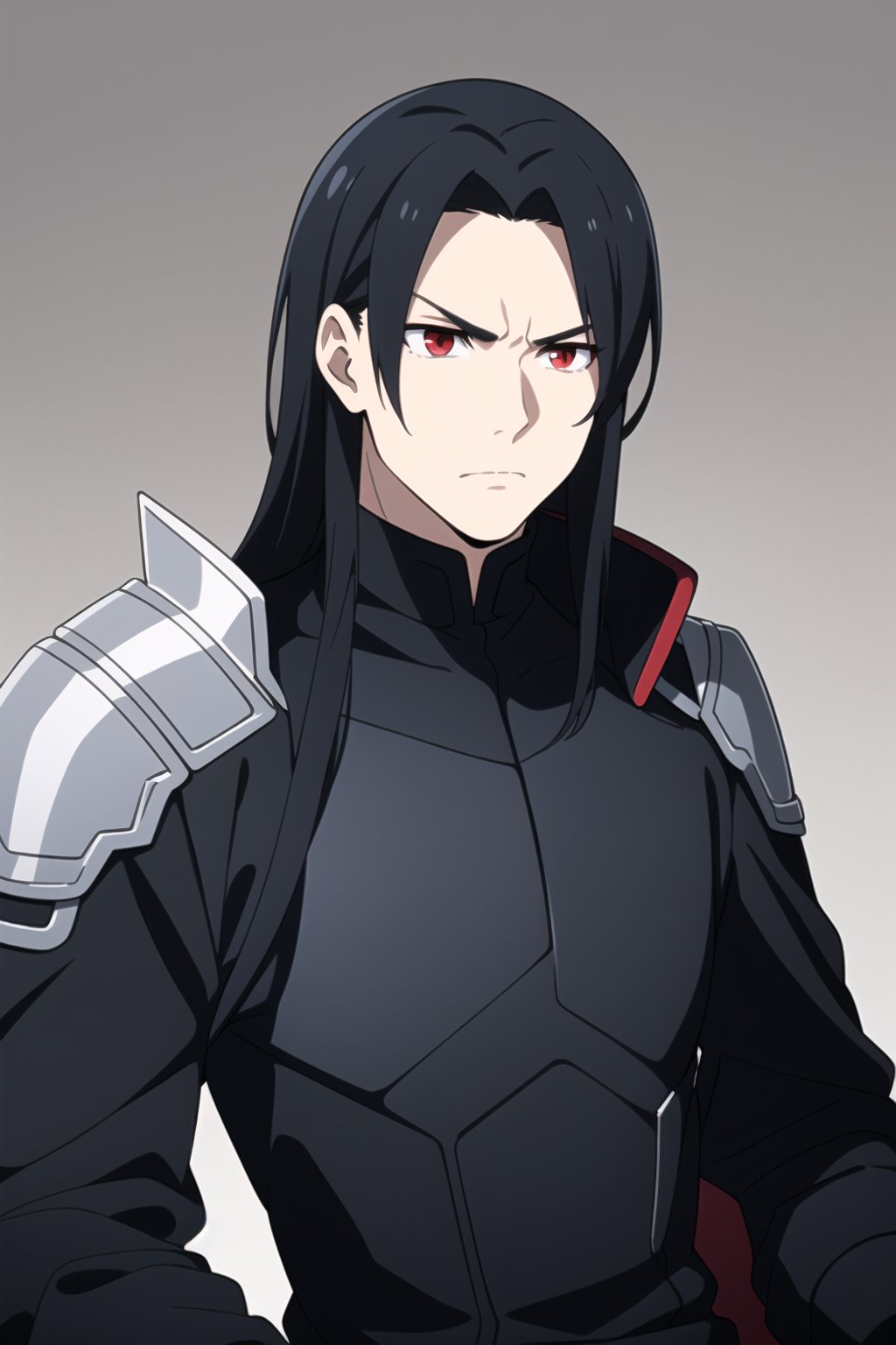 A young man in a black coat,  silver shoulder_armor,  upper _body,  Shoulder pad, long black hair and red eyes,  Straight hair,  no armor, silver shoulder pads,  Warrior,  Dark,  serious look,  seated