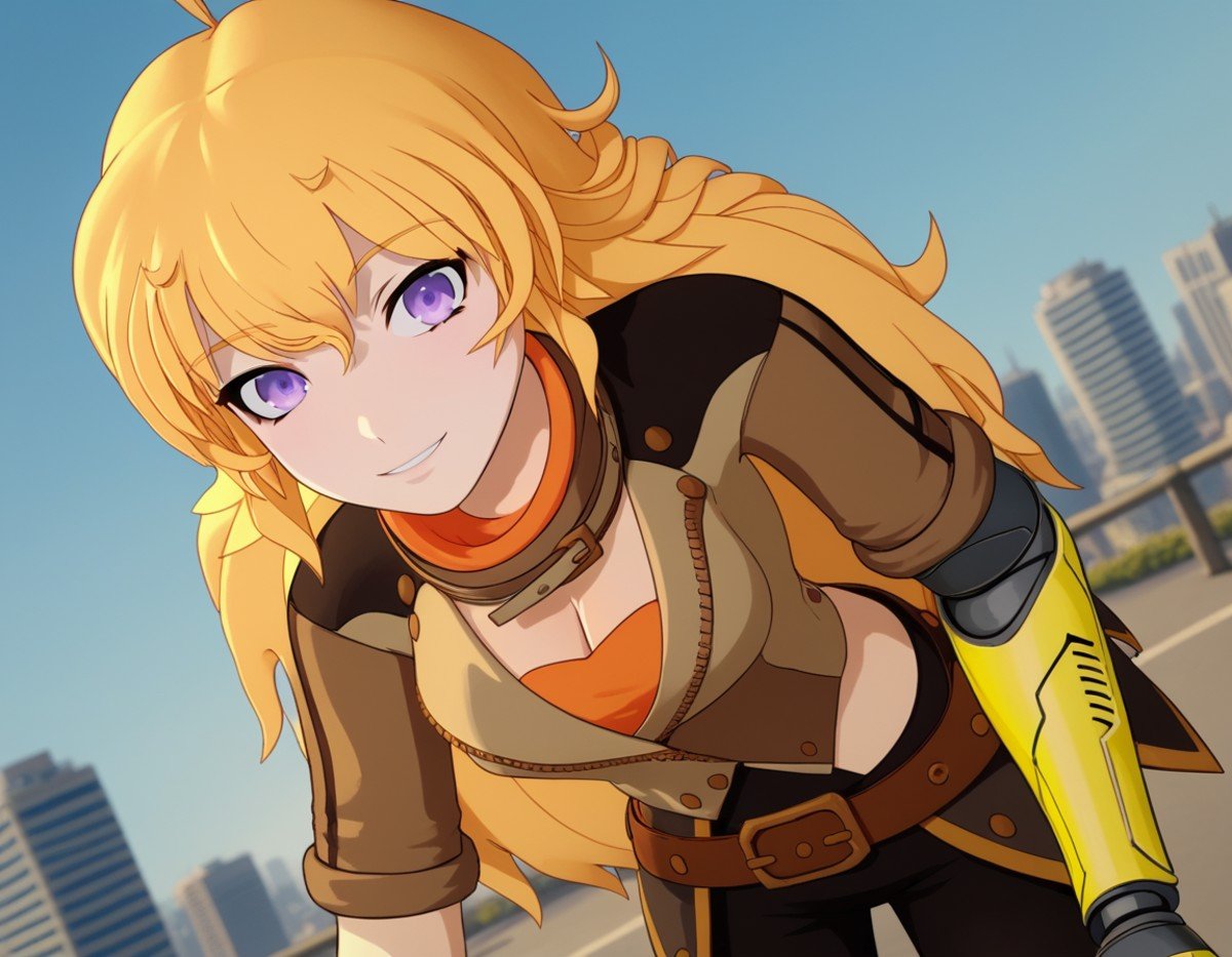 score_9, score_8_up, score_7_up, source_anime, <lora:yang-xiao-long-ponyxl-lora-nochekaiser:1>, yang xiao long, long hair, blonde hair, purple eyes, ahoge, bangs,, cleavage, jacket, belt, mechanical arms, single mechanical arm, prosthesis, prosthetic arm,, cityscape, street, bent over, smile, looking at viewer, solo, cowboy shot, dutch angle