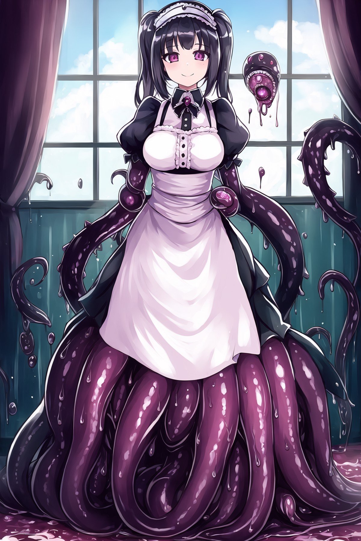 1girl,  shoggoth, maid, body horror, full body, smile, masterpiece, best quality, masterpiece,