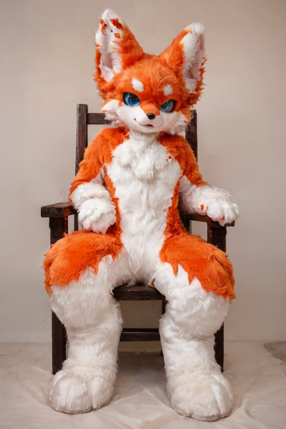 score_9,score_8_up,score_7_up,best quality,amazing quality,very aesthetic,absurdres,official art,intricate details,hyperdetailed,BRAKE,(furry:1.2),furry fox,(orange and white fur),furry paws,sitting on chair,foot on knee,blue eyes,furry ears,full fur suit,realistic,solo,full body,<lora:FullFurSuitPonyLora:0.85>,