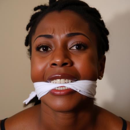 a realistic photography of a 20yo african woman. she is gagged. White c1eavegag. she looks happy