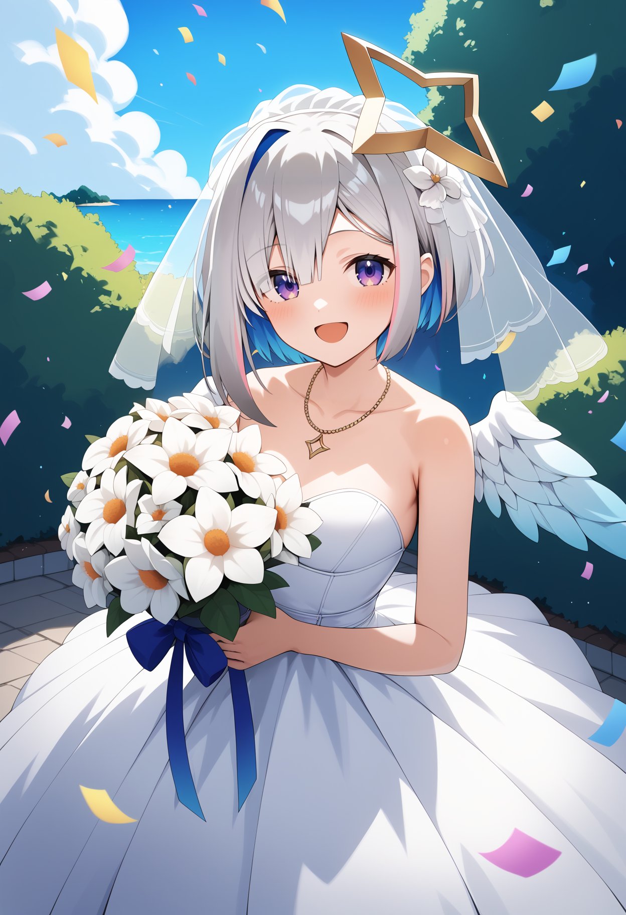 score_9, score_8_up, score_7_up, score_6_up, score_5_up, score_4_up, source_anime, aakanata, short hair, multicolored hair, grey hair, yellow halo, purple eyes, wings, <lora:amane_kanata_ponyxl_v1:0.9>, wedding dress, white dress, bridal veil, necklace, strapless, garden, outdoors, holding bouquet, smile, open mouth, confetti,