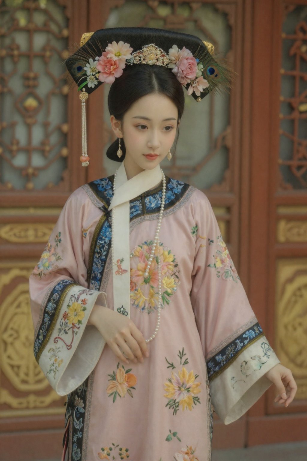 创作一幅年轻女子身着华丽传统中国长袍的图像。长袍以浅粉色为主,  饰以精致的蓝、黄、绿三色花卉刺绣,  袖口和衣身也点缀着精美的图案。她头戴黑色华丽头饰 by 天TIN on Tensor.Art