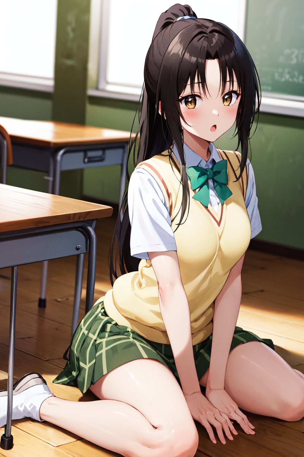 masterpiece, best quality, highres, 1girl, solo, long hair, black hair, ponytail, parted bangs, brown eyes, school uniform, green bowtie, white shirt, short sleeves, sweater vest, yellow vest, plaid skirt, green skirt, <lora:kujou_rin_v1:0.7>, wariza, sitting, classroom, on floor, :o