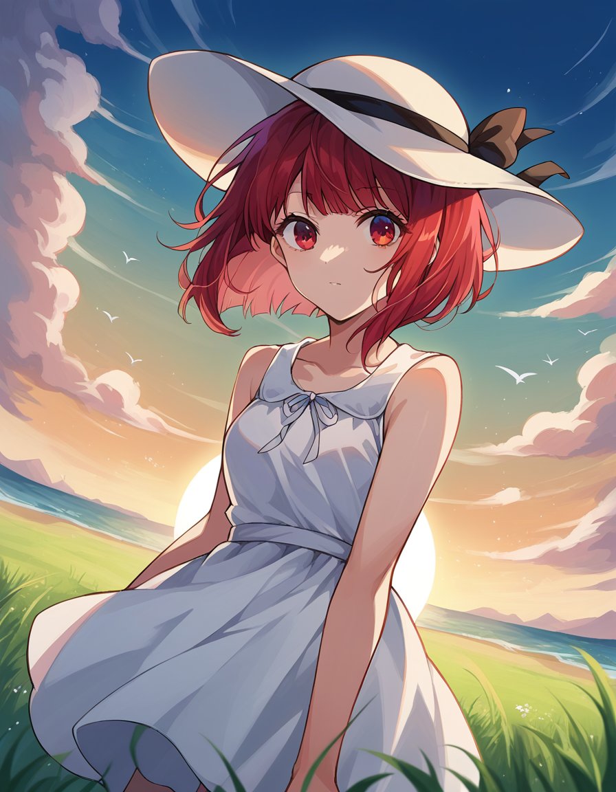 score_9, score_8_up, score_7_up, source_anime,kanaarima, <lora:kanna-arima-ponyxl-lora-nochekaiser:1>,kana arima, short hair, bangs, red eyes, red hair, bob cut, sun,hat, dress, ribbon, sleeveless, white dress, sleeveless dress, white headwear, sun hat, sundress,outdoors, wind, ocean, grass, clouds, sun,looking at viewer, cowboy shot, dutch angle,