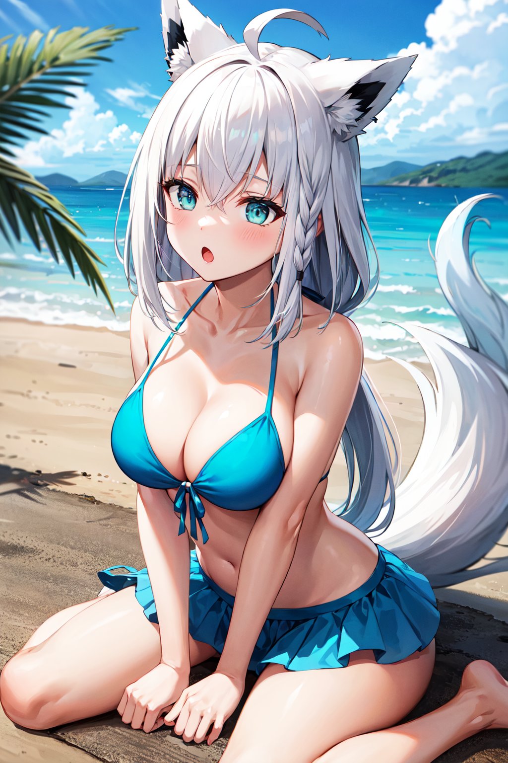 masterpiece, best quality, highres, bbfbk, long hair, ahoge, animal ears, breasts, fox tail, bare shoulders, cleavage, blue bikini, front-tie bikini top, bikini skirt, <lora:shirakami_fubuki_v1:0.8>, :o. wariza, beach