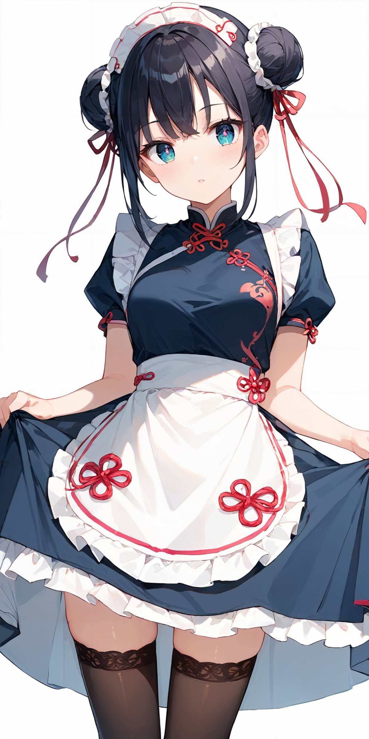 score_9, score_8_up, score_7_up,source_anime, high res image,masterpiece,best quality,girl,cute face,clear skin,shiny hair,ultra detailed eyes,simple background, <lora:china maid_Pony_V1.0:1> china maid, jyojifuku, dress, apron, frills, double bun, thighhighs