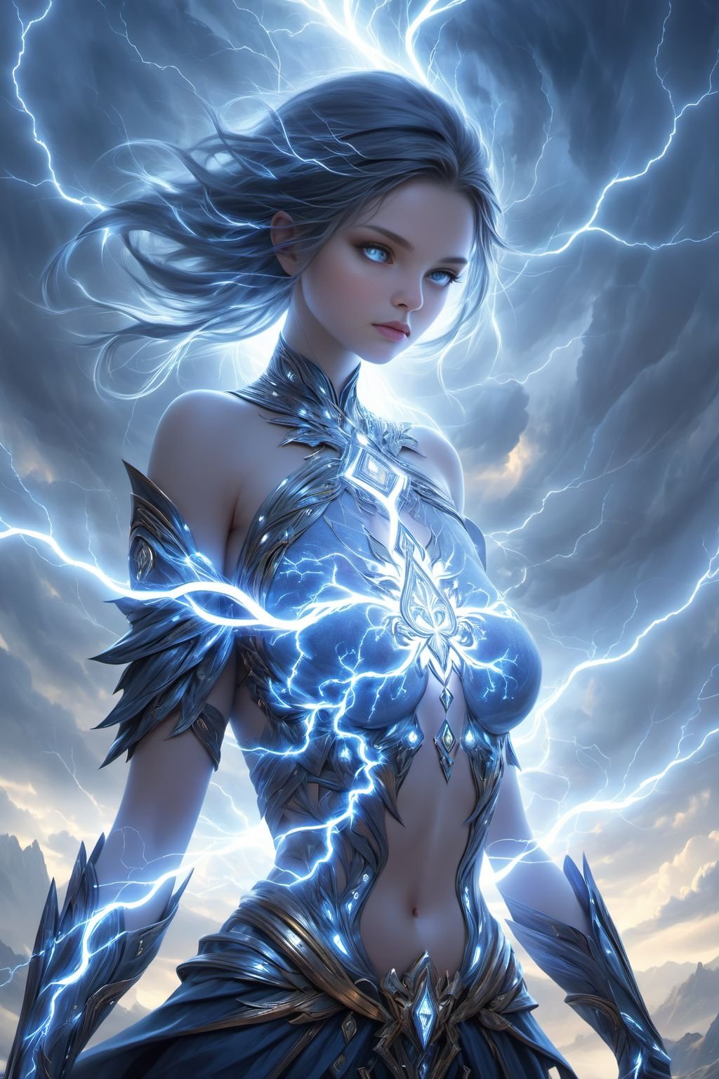 Fantasy,(Masterpiece, Top Quality, Best Quality, Official Art, Beauty and Aesthetics:1.3),(1girl),Upper Body,Extremely Detailed,(Fractal Art:1.3),(Thunder, Thunder, Rune Surround:1.2),