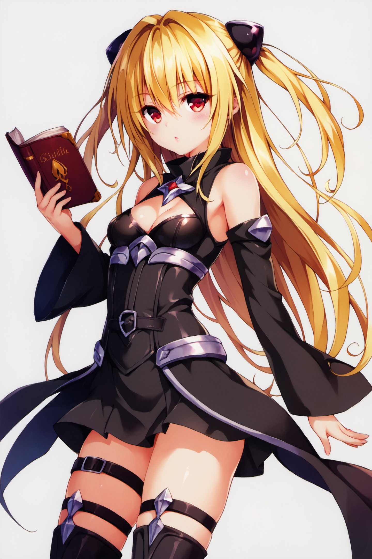 konjiki no yami, 1girl, solo, long hair, blonde hair, book, thigh strap, detached sleeves, very long hair, red eyes, white background, holding, two side up, cleavage cutout, hair ornament, holding book, breasts, clothing cutout, simple background, looking at viewer, bare shoulders, thighhighs, cowboy shot, small breasts, black dress, belt,score_8_up,<lora:Yabuki Kentarou_XL_PONY:0.8>,