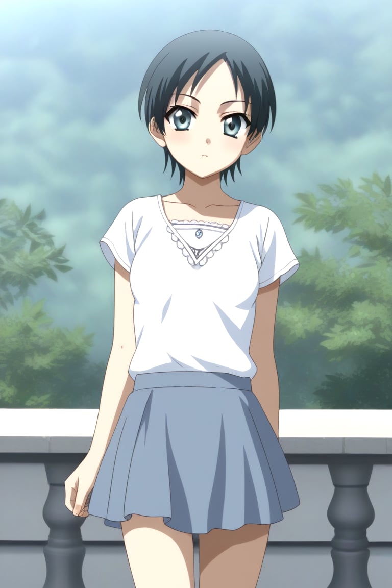 HD, 8k, highres, mantialiasing, Highly detailed, High Quality, masterpiece, beautiful, 1girl, solo, (young woman, 16 years old), 1girl, oruha hashimoto, short hair, black hair, grey eyes, small breasts, ((white shirt)), short blue skirt, looking-at-viewer, front_view, Focus breasts, full_body<lora:EMS-431316-EMS:1.300000>