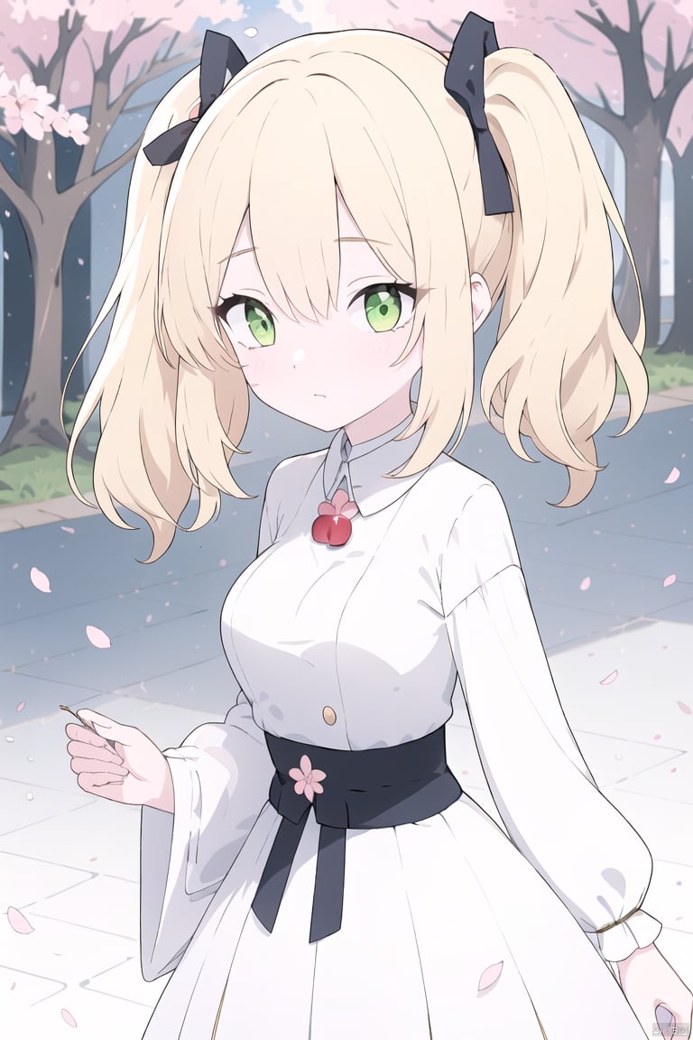 anime screencap, masterpiece, best quality, elegant, beautiful eyes, cute face, gorgeous face, perfect body, digital photography, medium hair, wavy hair, side ponytail, blonde hair, green eyes, white dress, medium breasts, narrow waist, glitter, close-up, outdoors, cherry blossoms, street<lora:EMS-467687-EMS:1.000000>