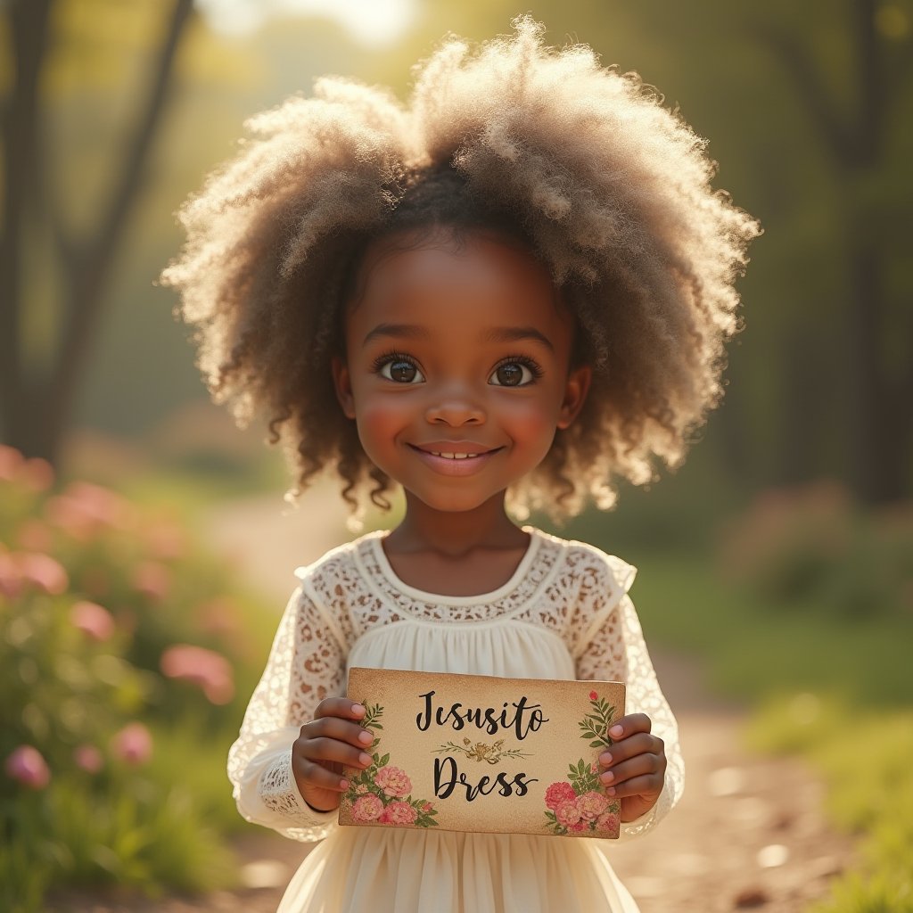 photorealistic,realistic,of photo a high quality of a african little girl 5 year-old child,happy smile,standing,front view,(((Wide angle, full body shot)))(looking at viewer:1.2),(lace overlay, jesusito dress cotton fabric) crisp sharp eyes,(lace see-through long sleeve),white afro hair,curly hair,(hairclip:1.2),pale skin,Giant Gunnera manicata with intense afternoon sunlight,high definition,24mm lens,bold shadows,rich textures,holding She holds a banner with a children's motif with flowers that says "Jesusito Dress",